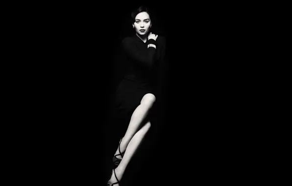 Чёрно-белое, платье, нуар, чёрный фон, винтаж, emilia clarke, эмилия кларк