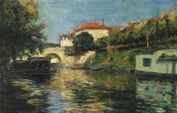 Мост, дом, картина, Francis Picabia, Речной Пейзаж, Франсис Пикабиа