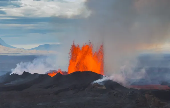 Небо, стихия, вулкан, извержение, лава, Исландия, Баурдарбунга