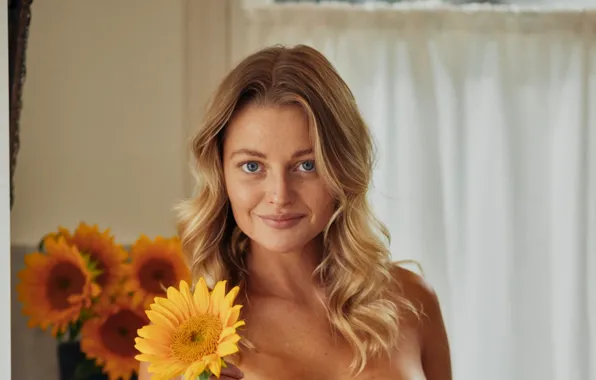Happy, cleavage, flower, woman, young, smile, blue eyes, model
