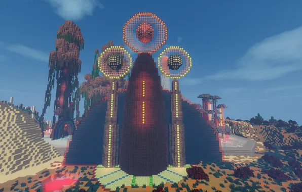 Деревья, огни, гора, башни, арки, площадка, Minecraft, лианы