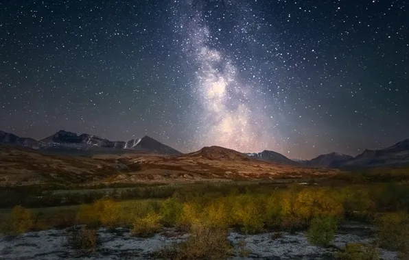 Картинка осень, горы, звёзды, Норвегия, кусты, Norway, звёздное небо, Rondane National Park
