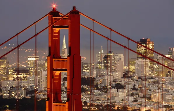 Картинка city, lights, Golden Gate Bridge, landscape, bridge, sunset, panorama, night