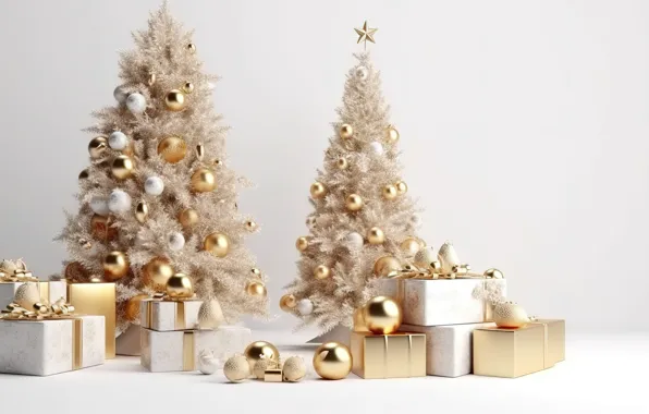 Шары, елка, Новый Год, Рождество, подарки, golden, white, new year