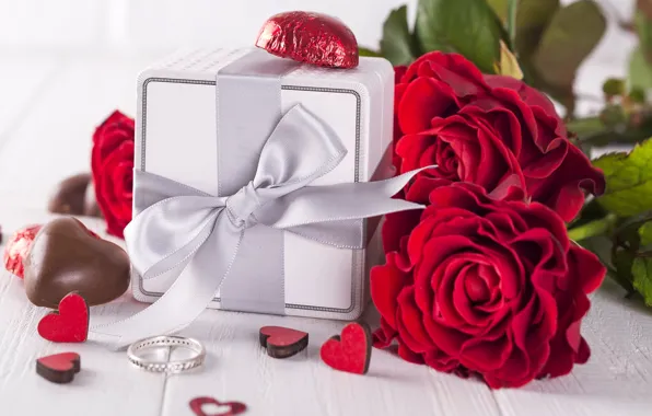 Картинка цветы, подарок, розы, букет, сердечки, красные, red, love