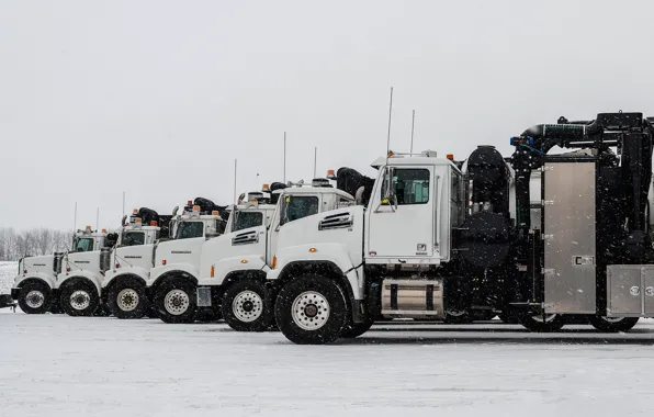Картинка снег, грузовики, стоянка, ряд, Western Star