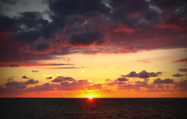 Картинка море, волны, солнце, закат, горизонт