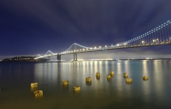 Ночь, мост, огни, залив, Сан-Франциско