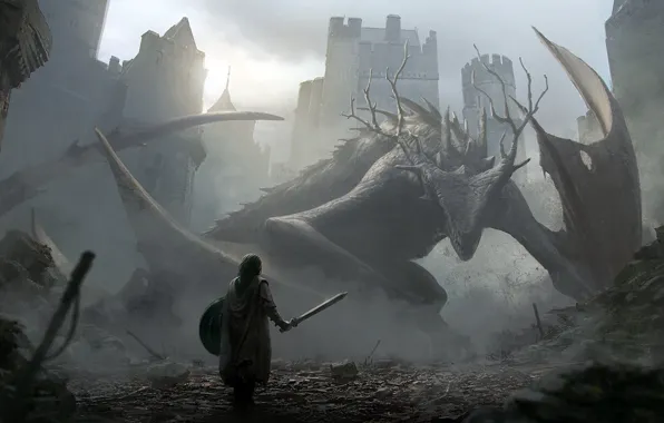 Картинка дракон, рыцарь, aproaching a dragon, Jan Ditlev