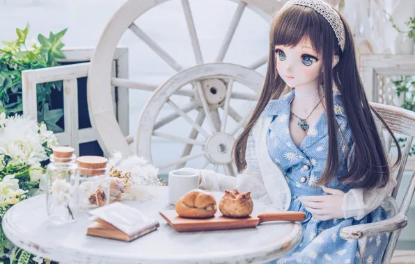 Девушка, кукла, чаепитие, книга, пирожное