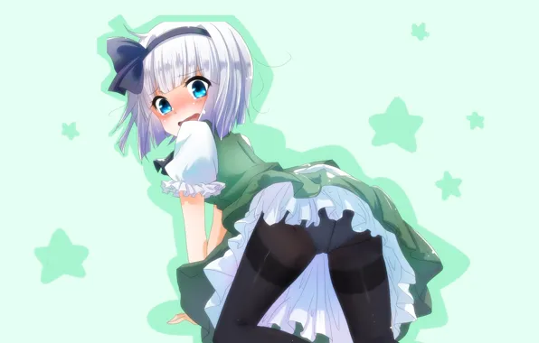 Стыд, голубые глаза, звездочки, смущение, Konpaku Youmu, черные колготки, стоит на четвереньках, Touhou Project