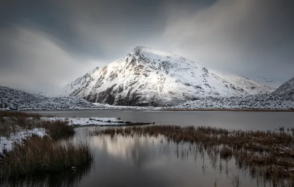 Картинка зима, снег, горы, озеро, Англия, Pen Yr Ole Wen