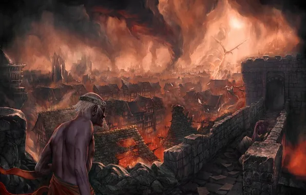 Картинка город, люди, пожар, огонь, дракон