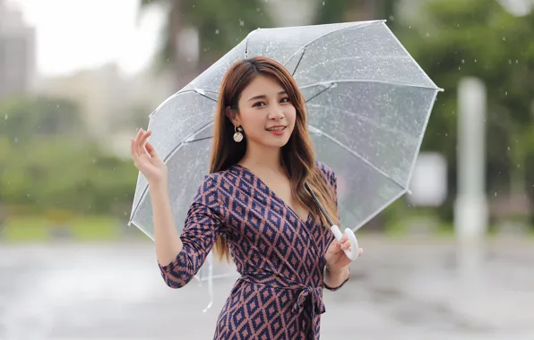 Девушка, зонтик, платье, азиатка, милашка