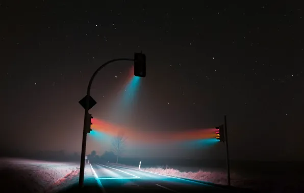 Картинка дорога, свет, ночь, туман, трасса, night, fog, светофоры