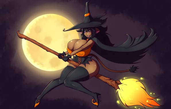 Луна, ведьма, метла, хэллоуин, halloween