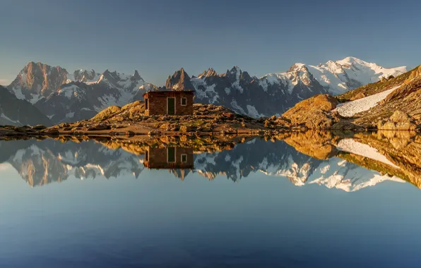 Картинка горы, озеро, отражение, Франция, Альпы, хижина, France, Alps
