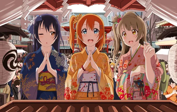 Девушки, аниме, трио, фестиваль, love live! school idol project