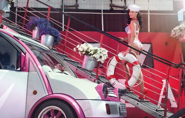 Машина, взгляд, девушка, улыбка, модель, брюнетка, Miss Tuning 2013