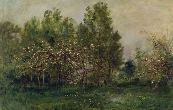 Картинка деревья, пейзаж, картина, импрессионизм, Шарль-Франсуа Добиньи, Яблони в Цвету