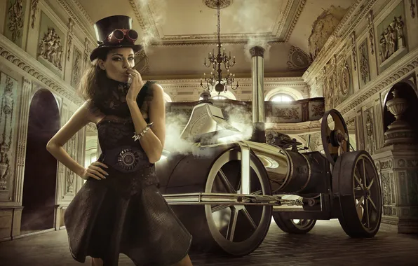 Взгляд, девушка, ретро, шляпа, автомобиль, fashion, цилиндр