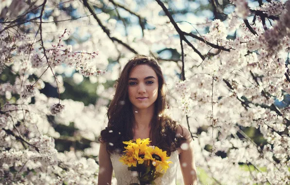 Girl, dress, tree, lips, hair, cherry blossoms, bouquet, sunflowers