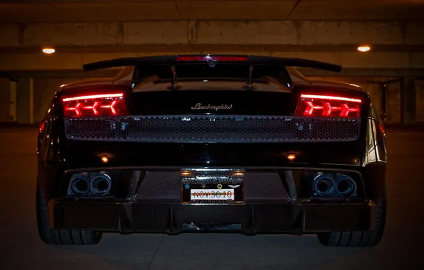 Картинка огни, Lamborghini, чёрная, Gallardo, задок, ламборгини, галлардо, задние фонари