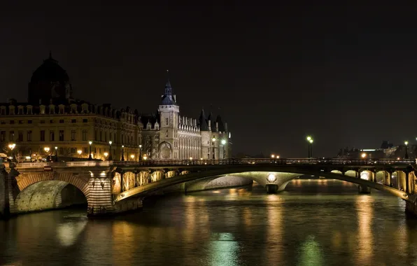 Картинка вода, ночь, мост, город, огни, здания, париж, канал