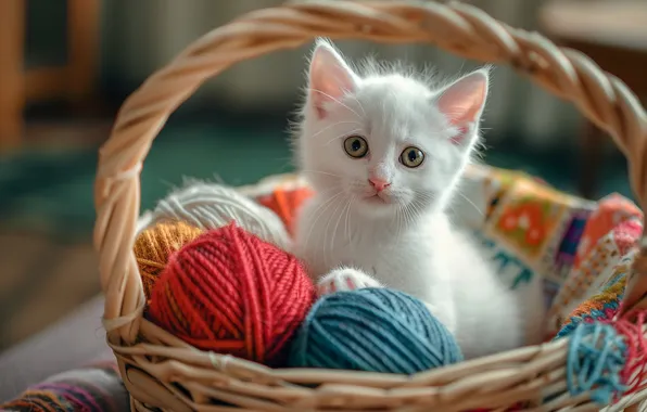 Кошка, белый, взгляд, клубок, поза, котенок, мордашка, корзинка