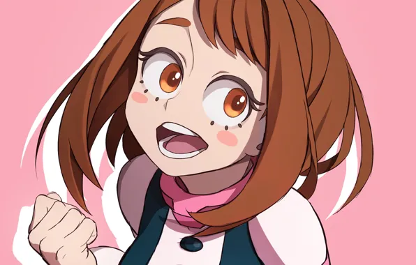 Улыбка, розовый фон, Моя геройская академия, My Hero Academia, Boku No Hero Academia, Урарака Очако