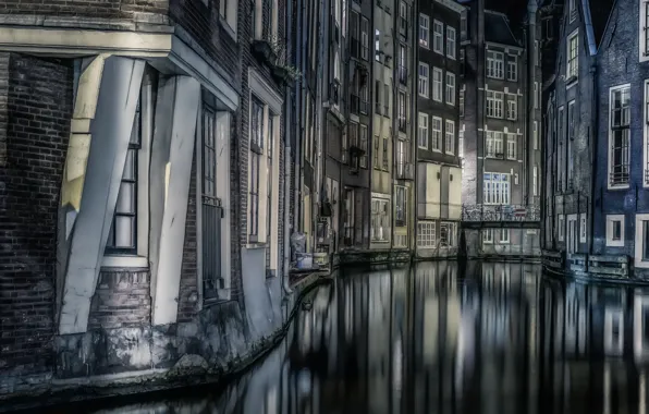 Картинка Amsterdam, Night, reflections, Buildings