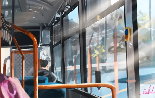 Автобус, парень, вид из окна