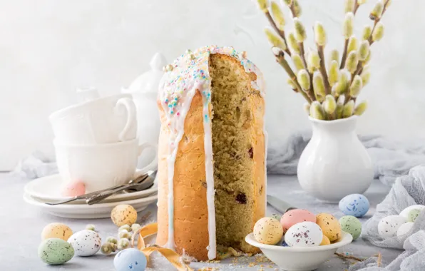Картинка цветы, яйца, весна, Пасха, white, happy, cake, кулич