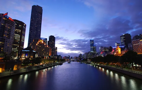 Река, здания, сумерки, Melbourne, Yarra Twilight