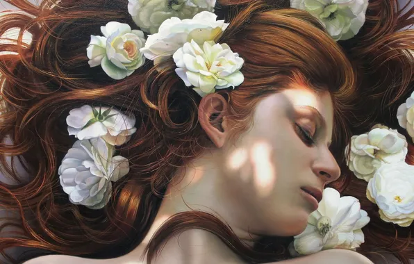 Картинка девушка, рыжие волосы, живопись, art, белые цветы, закрытые глаза, Christiane Vleugels