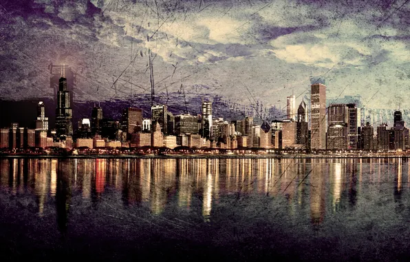 Картинка Город, Панорама, Чикаго, Гранж