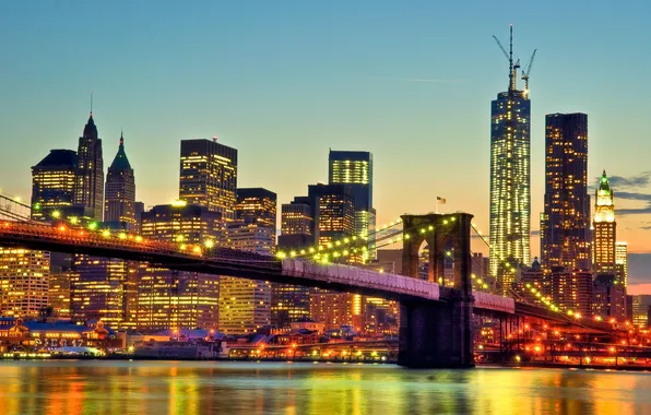 Картинка мост, огни, река, дома, вечер, New York City, World Trade Center, Manhattan Bridge