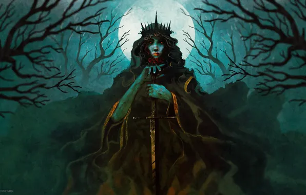 Небо, девушка, деревья, ночь, луна, меч, by Anato Finnstark