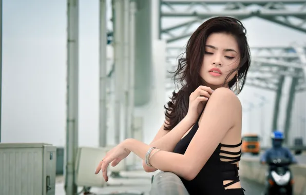 Картинка девушка, мост, лицо, фон, волосы, платье, губы, азиатка