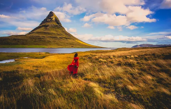 Картинка водоем, девушка, горы, природа, красное платье