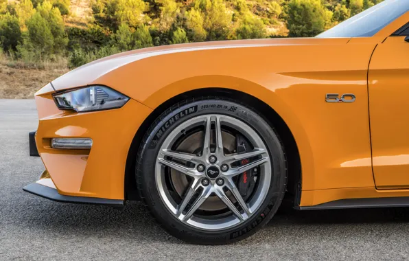Картинка оранжевый, Ford, профиль, 2018, передняя часть, фастбэк, Mustang GT 5.0