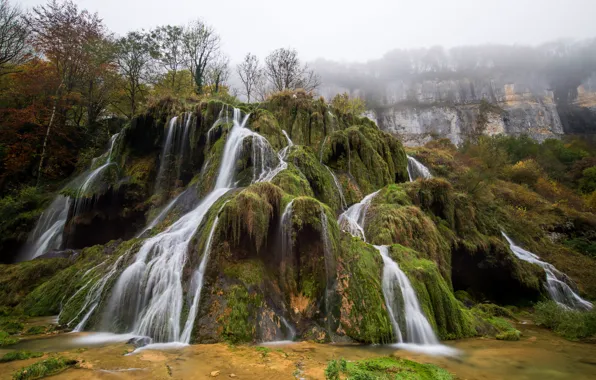 Лес, деревья, туман, скалы, Франция, водопад, Cascade des Tufs