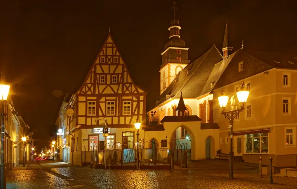 Картинка ночь, огни, улица, дома, фонари, переулок, мостовая, Германия Kirchberg