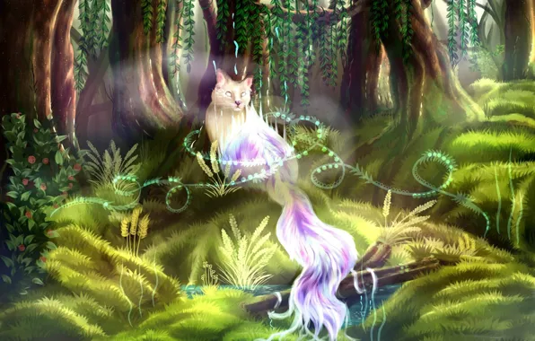 Картинка деревья, зеленая трава, мир фентези, мифическое животное, призрачный кот