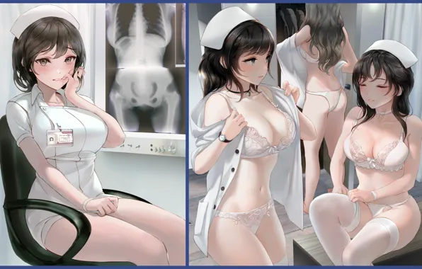 Girl, woman, anime, nurse, locker room, x ray