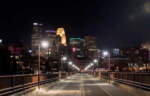 Картинка снег, ночь, мост, огни, дома, фонари, США, Minnesota