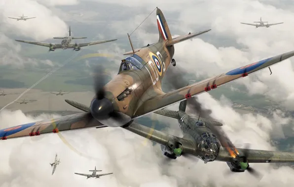 Картинка fighter, war, art, airplane, painting, aviation, ww2, dogfight