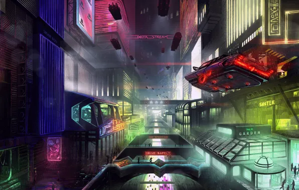 Картинка Город, Будущее, Неон, Машина, Фантастика, Neon, Cyber, Cyberpunk
