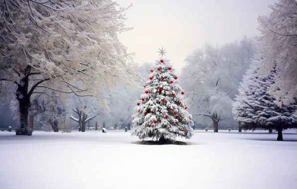 Картинка зима, снег, украшения, ночь, шары, елка, Новый Год, Рождество