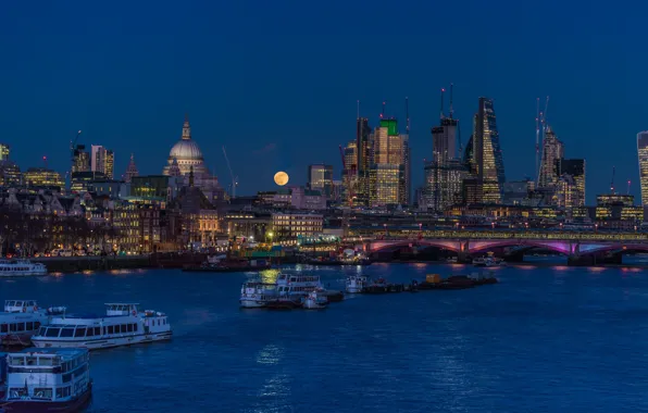 Картинка небо, ночь, мост, огни, река, луна, Англия, Лондон